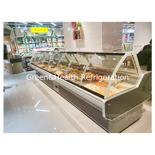رنگ خاکستری تیره جلو و عقب شیشه خمیده غذا پخته یخچال نمایش غذا پخته یخچال