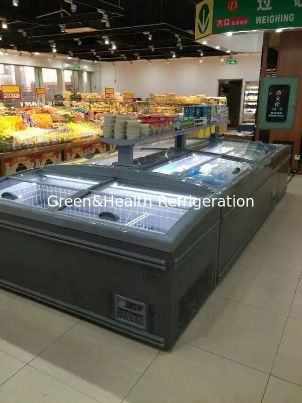 نوع صفحه نمایش انعطاف پذیر درب شیشه ای آٹو Defrostr سوپرمارکت جزیره یخچال