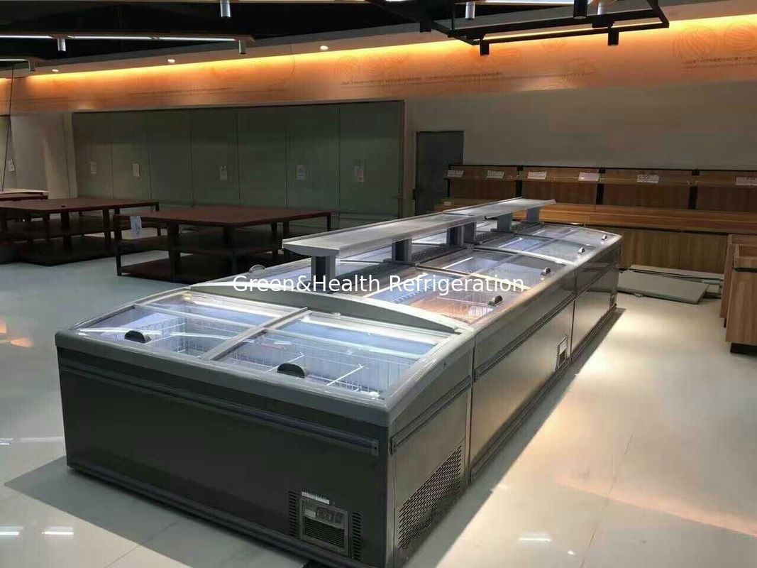نوع صفحه نمایش انعطاف پذیر درب شیشه ای آٹو Defrostr سوپرمارکت جزیره یخچال
