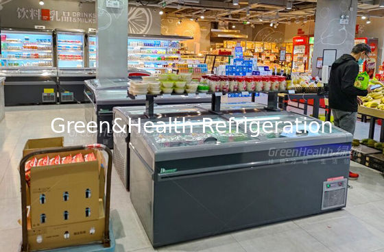 دوشاخه درب شیشه ای شیشه ای بالا تجاری ویترین فریزر عمیق جزیره سینه