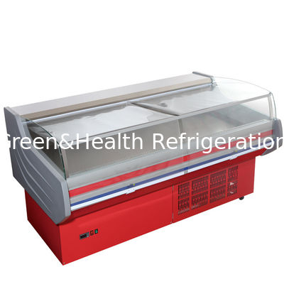 نمایشگر یخچال ROHS Deli، نمایشگر فریزر باز بازرگانی با شیشه منحنی برای غذاهای دریایی گوشتی